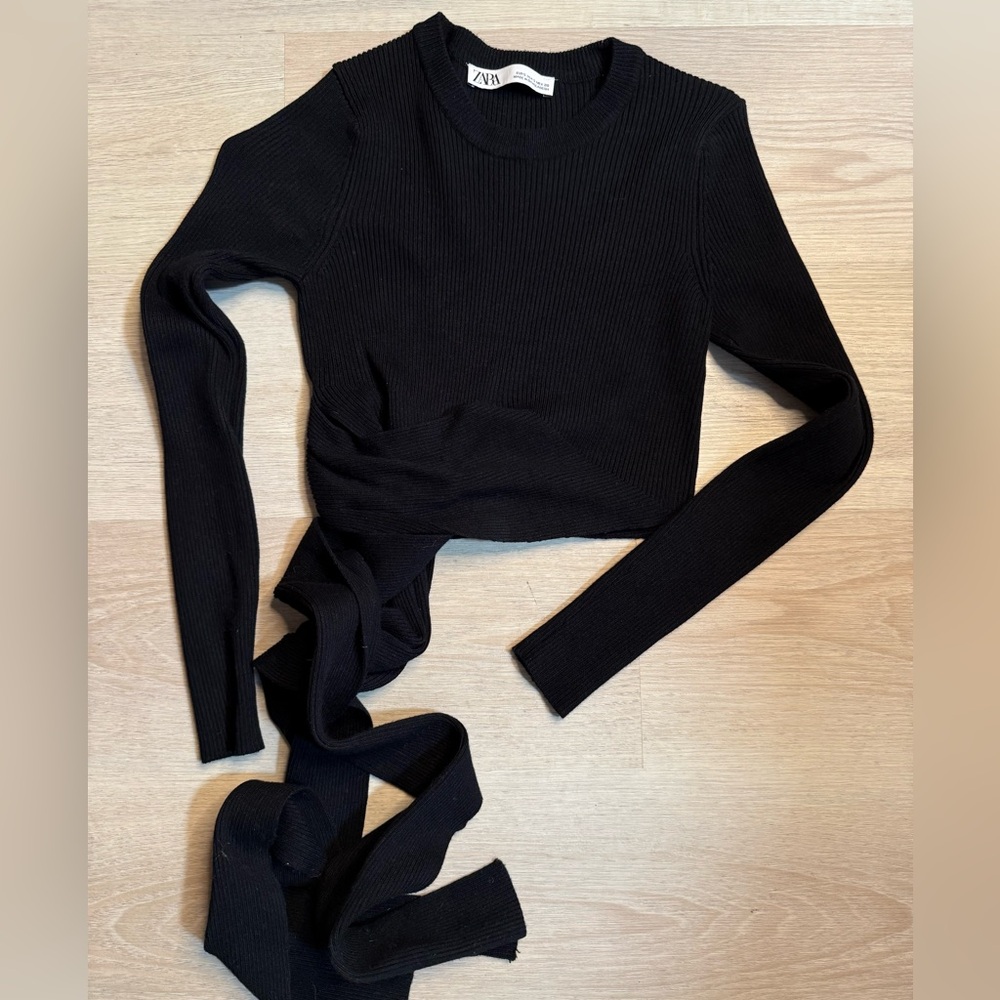 Zara Black Ribbed Long Sleeve Crop Top Size Small